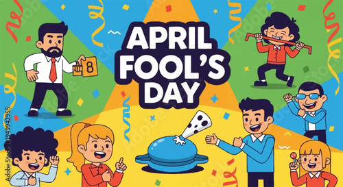 Colorful cartoon people celebrating april fool's day with prank food and festive confetti