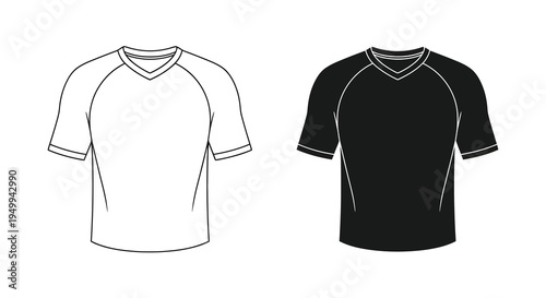 A graphic illustration depicts two v neck t shirts one white and one black presented side by side on a plain background