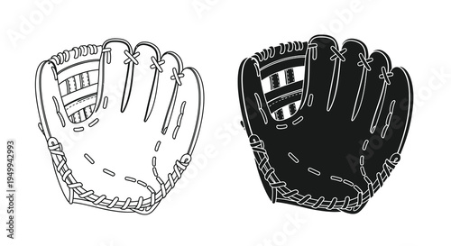 A detailed illustration depicts two baseball gloves one in a white line drawing and the other fully shaded in black