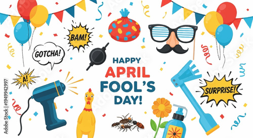 April fool's day celebration with colorful prank items and festive decorations