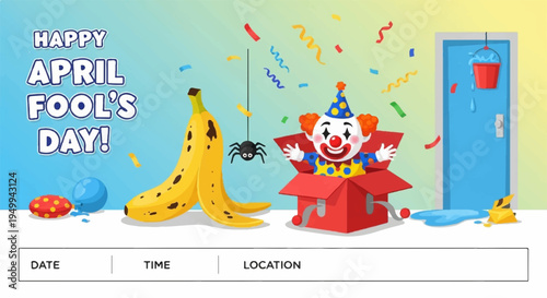 Playful clown emerging from a red box on april fool's day with banana and confetti