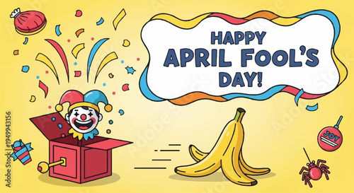 Cartoon clown emerges from red box on april fool's day with bananas and party decorations