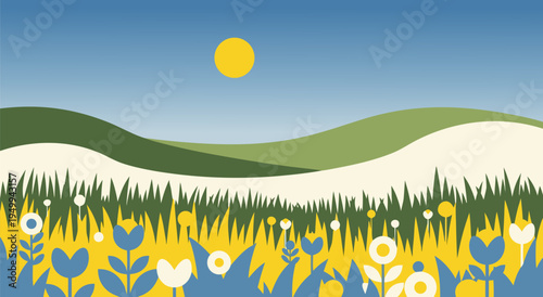 Peaceful vector illustration of rolling green hills, dunes and wildflowers under a bright sunlit sky in harmony