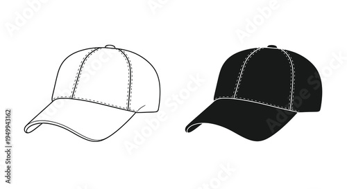 A minimalistic illustration depicts two baseball caps one white and one black presented in a simple line drawing style