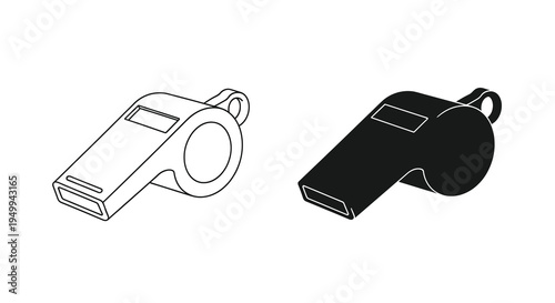 A black and white illustration depicts two views of a sports whistle one outlined and one filled high quality