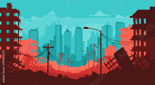 Vector illustration of teal sky over red-glowing ruined cityscape with crumbling buildings