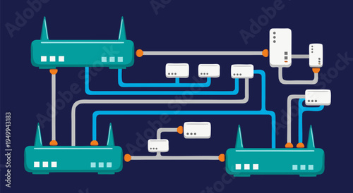 Vector illustration of network topology with teal devices interconnected via blue and gray cables