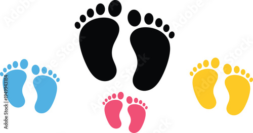 Four sets of colorful baby footprints in black blue yellow and pink child infant