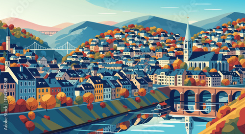Vector illustration of serene mountain town with river, bridge, houses, autumn foliage under gentle dawn light