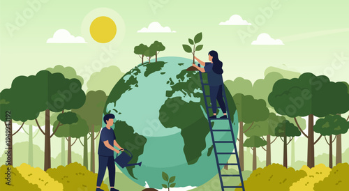 Vector illustration of two people watering and planting leaves on earth globe in forest