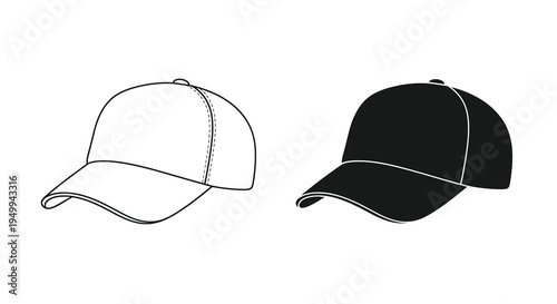 A minimalist depiction showcases two baseball caps one white and one black presented as simple line drawings high quality