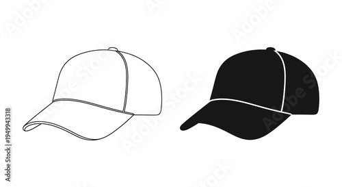 A minimalistic black and white illustration depicts two baseball caps one outlined and one solid black side by side high quality