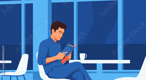 Vector illustration of relaxed man with coffee and phone in bright café window scene