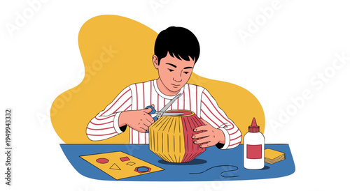 Cartoon vector illustration of focused boy crafting at table with colorful tools and materials