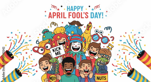 Vibrant cartoon characters celebrate april fool's day with joyful expressions and festive confetti