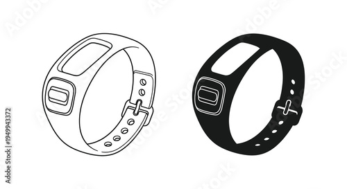 A detailed illustration showcases two fitness trackers one in a light outline and the other solid black displaying their design elements