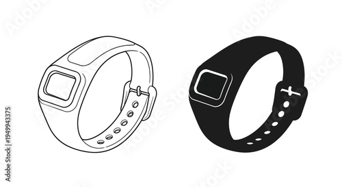 A black and white illustration depicts two fitness trackers one light and one dark showcasing their design and features