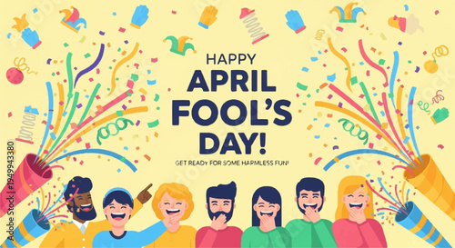 Diverse group celebrating april fool's day with colorful confetti and festive atmosphere