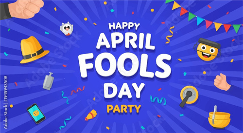 Happy april fools' day party banner with colorful decorations and festive icons on blue background