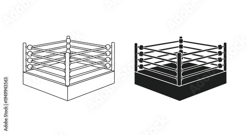 A detailed illustration depicts two perspectives of a professional wrestling ring showcasing its structure and rope arrangement high quality