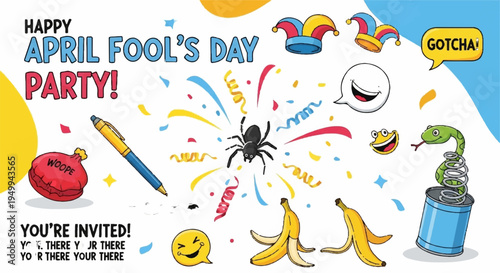 April fools' day party invitation with prank items and colorful confetti on white background