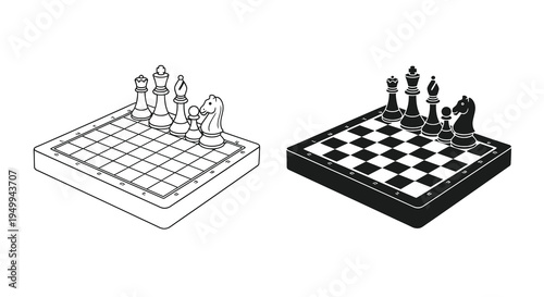 A stark black and white illustration depicts two isometric chessboards each featuring a complete set of chess pieces arranged for play