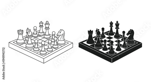 A detailed black and white illustration depicts two chessboards with complete sets of pieces positioned at slightly different angles high quality