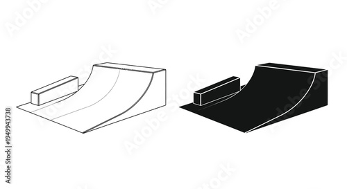 A minimalist illustration presents two perspectives of a skatepark ramp one in light grayscale and the other in solid black