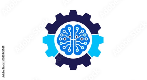 A futuristic robotic brain is shown inside a gear surrounded by blue and dark blue elements on a white background.