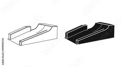 A black and white illustration showcases two distinct perspectives of a curved skate ramp design depicting its structural form