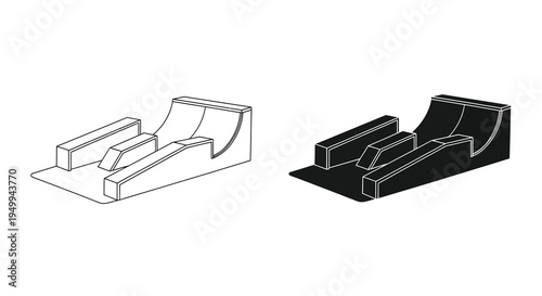 A minimalist illustration depicting a skatepark ramp set presented in both negative and positive space variations high quality professional