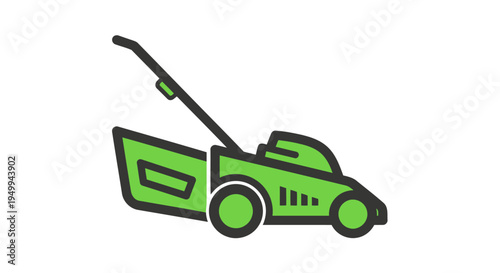 A person uses a green lawn mower for cutting grass in a suburban yard with a garden outdoors.