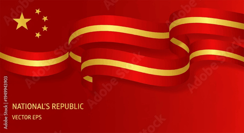 Chinese national flag with golden stars and red ribbons on a textured red background symbolizing national pride and celebration