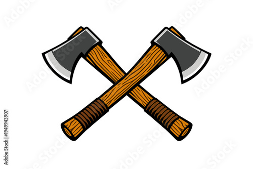 A vector illustration of two crossed axes with wooden handles and