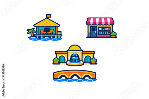 A collection of four flat design vector icons featuring a tropical