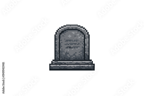 A pixel art illustration of a gray stone tombstone on a white