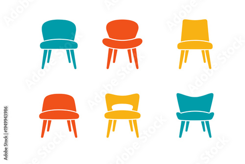 A collection of six mid-century modern chair icons in teal, orange