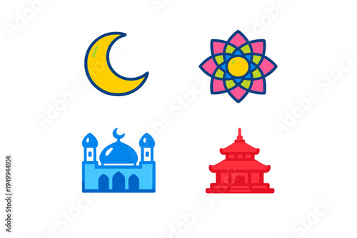 A set of four colorful vector icons featuring a yellow crescent moon