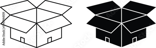 Open cardboard box line and solid silhouette isometric view packaging shipping