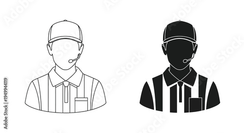 Two monochrome line art illustrations depict individuals wearing headsets and referee style uniforms showcasing contrasting styles high quality professional detailed