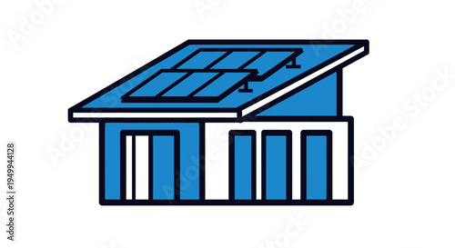 The illustration depicts a modern house with solar panels on its roof in a suburban area viewed from the side.