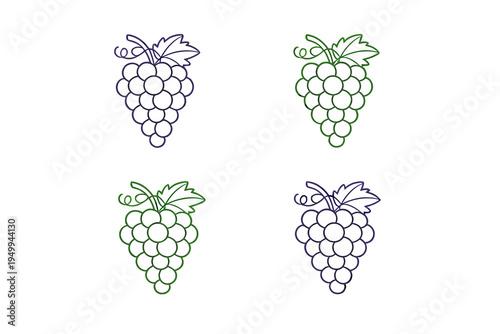 A set of four minimalist grape bunch icons in purple and green line