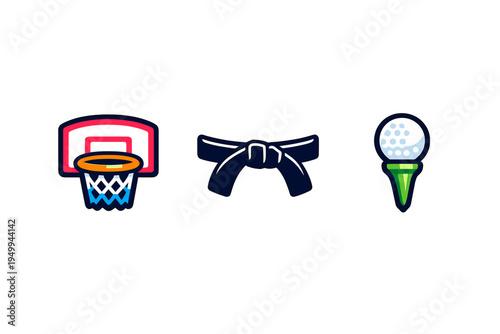 A set of three sports icons featuring a basketball hoop with a net, a