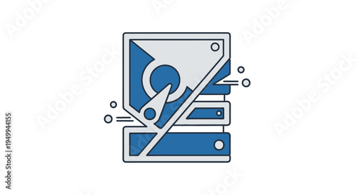 A graphic illustration of a wrench over a stack of computer servers in a technological environment with blue accents and white highlights.