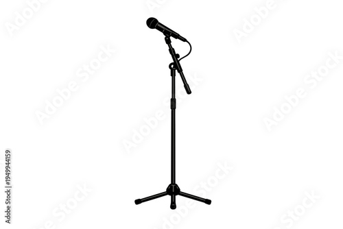 Professional black microphone mounted on a tripod stand with a boom