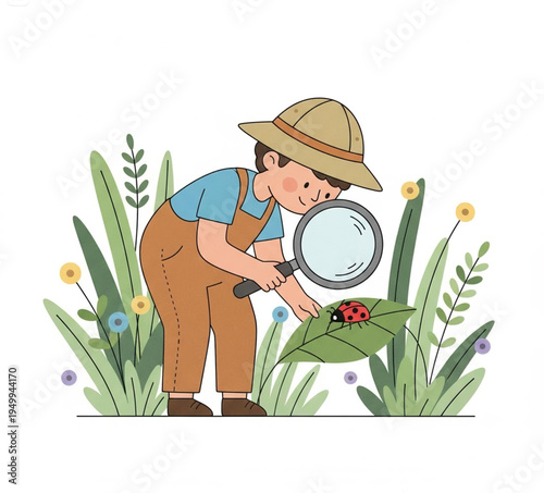 A smiling senior farmer wearing a hat stands with a shovel and a watering can while a boy and a woman worker help the people plant flowers in the agriculture garden