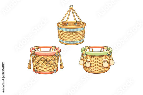 Set of three illustrated wicker baskets with unique details like