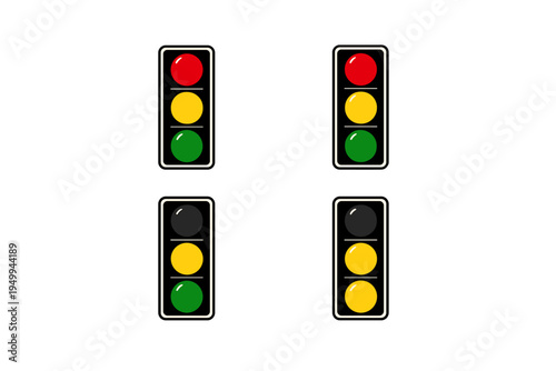 A set of four traffic light icons on a white background