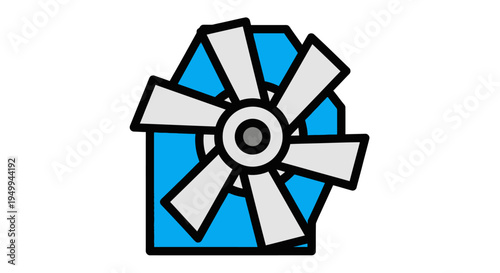 An illustration depicts a blue and white windmill with blades rotating on a simple background.