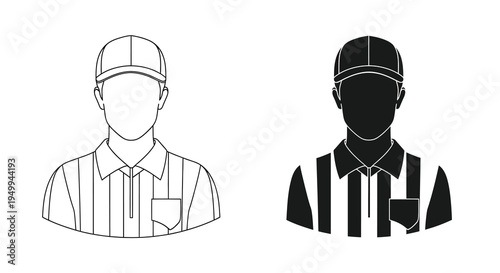 Two monochrome depictions of a male figure wearing a baseball cap and striped referee shirt presented in contrasting tones
